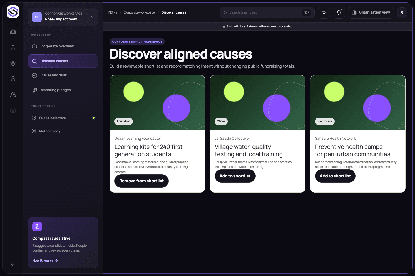 INSIPS discovery workspace showing organization search and evidence context.